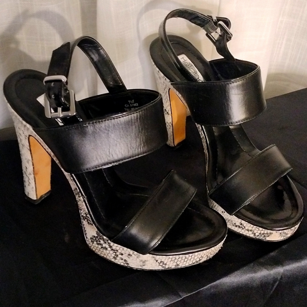 Halogen Black Leather Snake Print Heel Sandals Size 7M